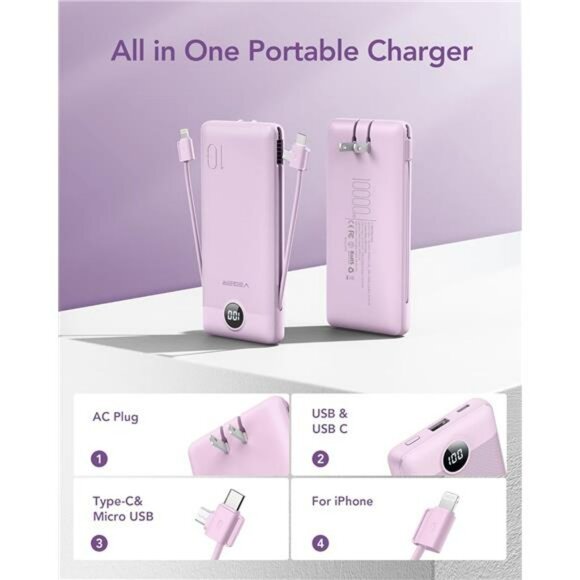 Slim 10000mah Portable Charger Built In Cables Wall Plug Fast Charging Power Ban - Picture 2 of 7